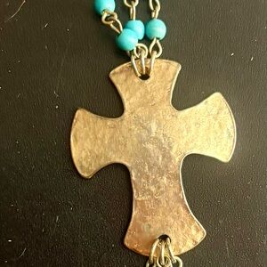 Gold Cross Pendant Necklace with Turquoise Beads